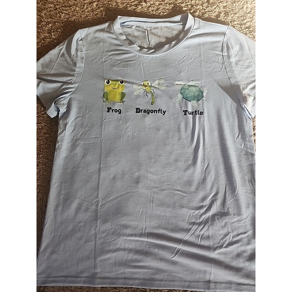 Frog Dragonfly Turtle Graphic T-Shirt Women's Large, Light Blue Soft New‎